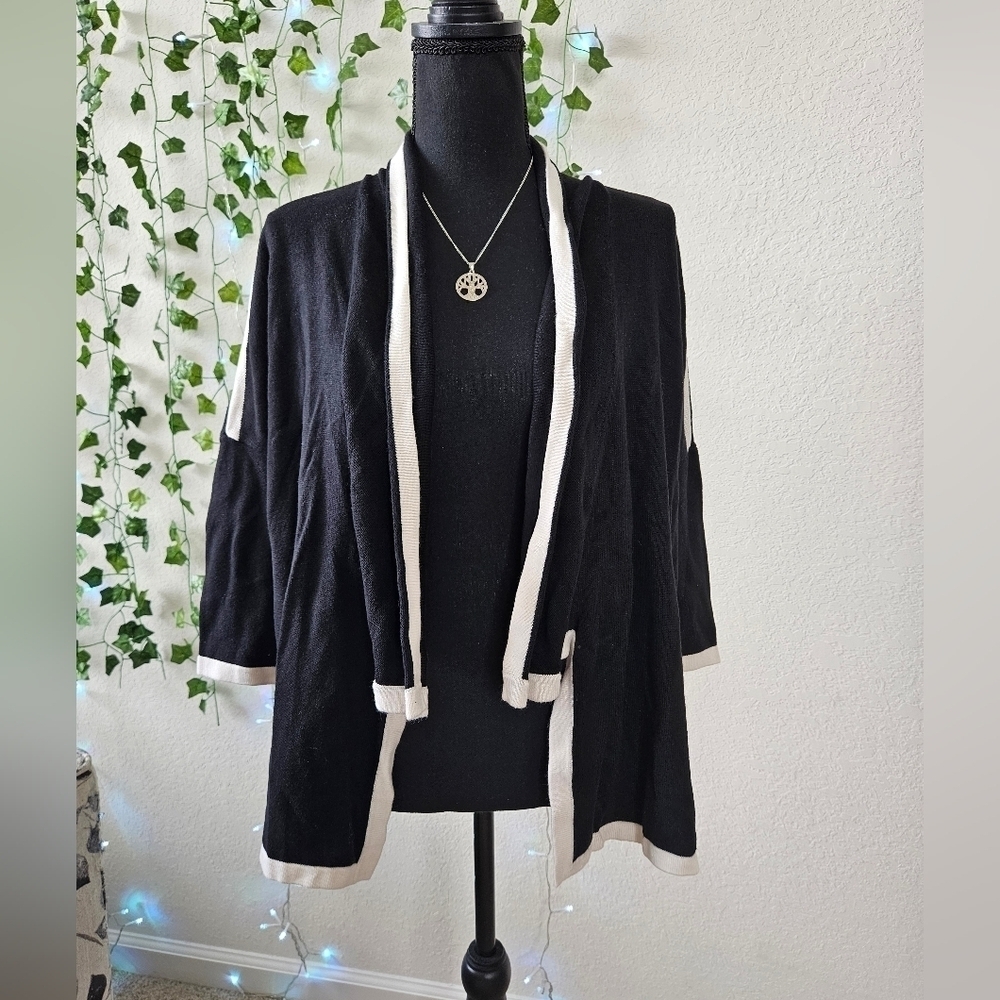 Chico's Black and White Stripe Cotton Blend 3/4 Sleeve Open Cardigan Sweater